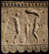 Corybantian dance. Terracotta Campana relief: three Curetes with swords and shields..., 50 BC-100. Creator: Classical Antiquities.