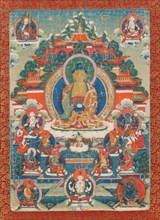 Thangka of Amitabha in the pure land of Sukhavati, 19th century. Creator: Tibetan Culture.