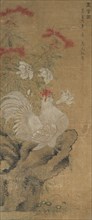 Rooster in a rocky garden landscape. Creator: Ma Yuanyu (around 1669-1722).