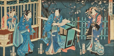 Genji sakura no nigiwai hi (The Expulsion of the Genji Cherry Blossoms), 1866. Creator: Kunichika, Toyohara (1835-1900).