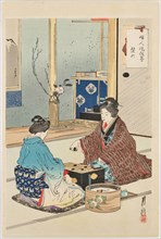 Two women are playing Go. From the series "Fujin fuzoku ga" (manners and customs of women), 1891. Creator: Gekko, Ogata (1859-1920).