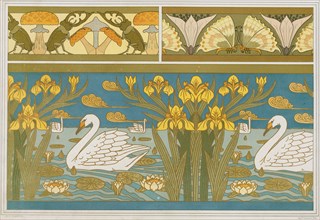 Stag beetles and mushrooms, sorrel and butterflies. Swans, irises and water lilies, 1897. Creator: Verneuil, Maurice Pillard (1869-1942).