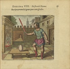 Emblem 8. Take the egg and hit it with a glowing sword, 1618. Creator: Merian, Matthäus, the Elder (1593-1650).
