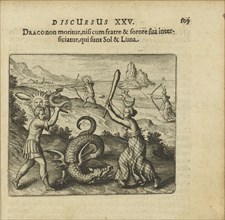 Emblem 25. The dragon does not die unless killed by his brother and sister, which are Sol..., 1618. Creator: Merian, Matthäus, the Elder (1593-1650).