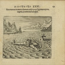 Emblem 31. The king, swimming in the sea, cries out with a loud voice: Whoever saves me..., 1816. Creator: Merian, Matthäus, the Elder (1593-1650).
