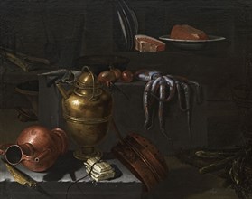 Kitchen interior with copper dishes, octopus and onions on a stone ledge, 1670s. Creator: Recco, Giuseppe (1634-1695).