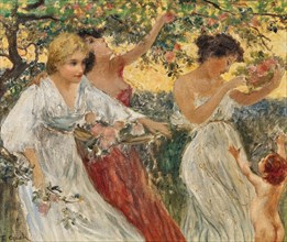 Spring, three graces under a blossoming tree. Creator: Czech, Emil (1862-1929).