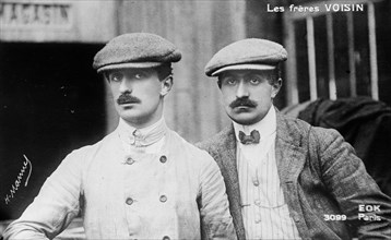 The Voisin brothers, French aviation pioneers. Gabriel Voisin (1880-1973), on the left..., (1912?). Creator: Bain News Service.
