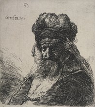 Bearded old man in a high fur cap, with eyes closed, c.1635. Creator: Rembrandt Harmensz van Rijn.