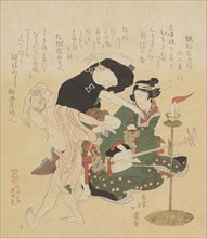 Men dancing to samisen music, from the series Shokoku meibutsu (Famous products..., 1890-1895. Creator: Totoya Hokkei.