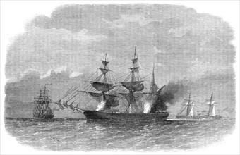 The Alabama destroying the Texan Star, or Martaban, in the Malacca Straits..., 1864. Creator: Unknown.