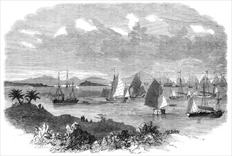 Fleet of Chinese junks, with H.M.S. Opossum, preparing to attack pirates at How-Chow, 1865. Creator: Unknown.