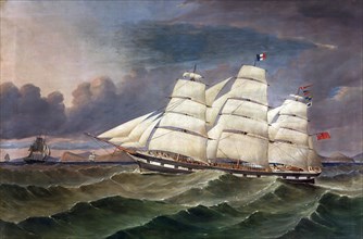 The Full rigged ship "Caribou" off the Otago Coast, Taieri Head on starboard quarter,  c1867. Creator: Thomas Robertson.