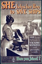 Poster, 'She helps her Boy to Save Ships', 1918. Creator: Clarke & Sherwell.