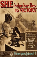 Poster, 'She helps her Boy to Victory', 1918. Creator: Clarke & Sherwell.