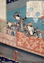 Yosooi: Courtesans on a balcony watching a street juggler,  c1860. Creator: Utagawa Kunisada.