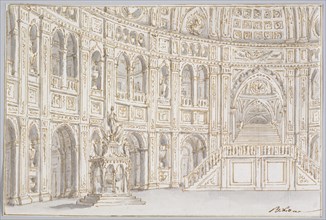 An interior with arcaded gallery and staircase,  late 17th century-mid-18th century. Creator: Ferdinando Galli Bibiena.