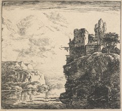Eight landscapes. Plate 8: A house on a cliff overlooking a lake, 1640-51. Creator: Herman Naiwincx.