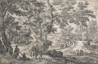 Landscape with, in left foreground, a man seated on the roadside on the edge of a wood...after 1667. Creator: Jan van Huchtenburg.