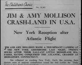 Newspaper Article with Headline Reading: 'Jim & Amy Mollison Crash-land in U.S.A..., 1933. Creator: British Pathe Ltd.