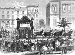 Funeral Procession of the late King of Bavaria at Nice: the cortége leaving the Villa Lions, 1868. Creator: Unknown.