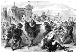 Scenes from the Christmas pantomimes:..."Cock-a-Doodle-Doo" - escape of Finfin and Rosytint..., 1865 Creator: Unknown.