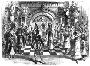 Scenes from the Christmas pantomimes:..."King Chess" - giving check to the Queen, 1865. Creator: Unknown.