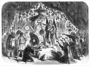 Scenes from the Christmas pantomimes:..."Little King Pippin" - the Temple of Mammon, 1865.  Creator: Unknown.