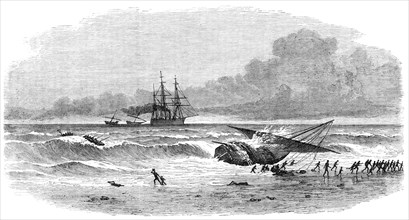 Suppression of the Slave Trade...running on shore of a slave-dhow to escape capture, 1869. Creator: Unknown.