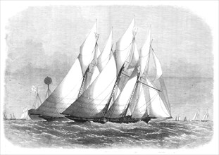 The Royal Thames Yacht Club schooner-match:...Cambria and Witchcraft rounding the Mouse Light, 1869. Creators: Edwin Weedon, Unknown.