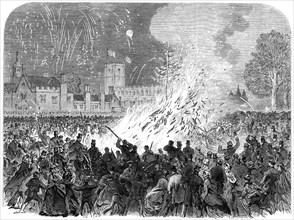 Visit of the Prince and Princess of Wales to Melford Hall, Suffolk: the bonfire on the Green, 1865. Creator: Unknown.