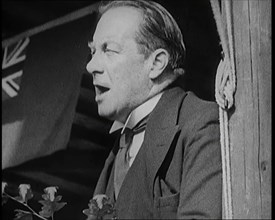 British President of the Board of Trade Stanley Baldwin Giving a Speech from a Platform in..., 1922. Creator: British Pathe Ltd.