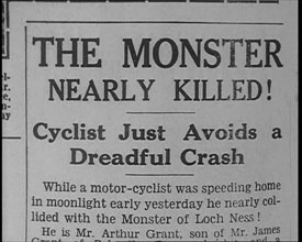 Newspaper with Headline Reading: 'The Monster Nearly Killed! - Cyclist Just Avoids a Dread..., 1933. Creator: British Pathe Ltd.