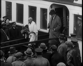 The Party of Mohandas K Gandhi (Mahatma) disembarks in London..., 1931. Creator: British Pathe Ltd.