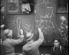 Italian Soldiers Using Chalk to Graffiti a Train, 1922. Creator: British Pathe Ltd.