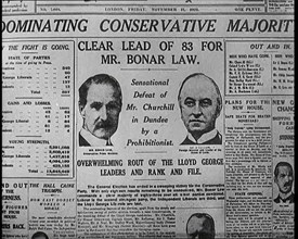 Front Page of a British Newspaper With the Headline Reading 'Dominating Conservative Majority', 1922 Creator: British Pathe Ltd.