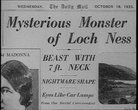 Newspaper Headline Reading: 'Mysterious Monster of Loch Ness - Beast With 7 ft. Neck', 1933. Creator: British Pathe Ltd.