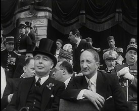 Leslie Hore-Belisha, British Secretary of State for War, and Other Dignitaries in Raked..., 1939. Creator: British Pathe Ltd.