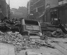 A Bus in a Bomb Crater, 1940. Creator: British Pathe Ltd.