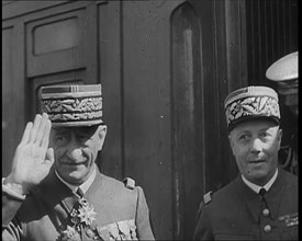 Maurice Gamelin and Two Other Male French Military Officers Alighting from a Train, 1939. Creator: British Pathe Ltd.