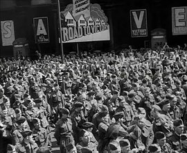 A Crowd of Soldiers Listening to a Speech by Lord Beaverbrook, Birmingham, 1942. Creator: British Pathe Ltd.