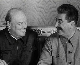 Winston Churchill and Joseph Stalin at a Meeting, 1942. Creator: British Pathe Ltd.