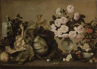 Still life with courgettes, grapes, parsley, cabbage, vase of peonies and fruit, c1630-1634. Creator: Strozzi; Bernardo (1581-1644).