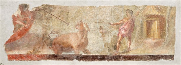 Hunting Hippos in a river landscape with two hunters, two water birds and a dwelling on..., 1st cent Creator: Roman-Pompeian wall painting ().