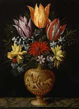 Flowers in a vase on a marble plinth, First Half of 17th cen.. Creator: Borcht; Hendrik van der; the Elder (1583-1651).