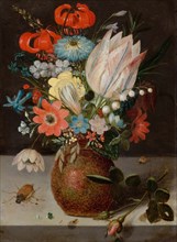 Still life with tulip, snowbell panicle and checkered flower in an engobe vase..., early 17th cen. Creator: Binoit; Peter (ca 1590-1632).