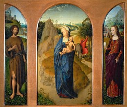 Triptych The Rest on The Flight into Egypt (central panel), Saint John the Baptist..., 1475-1480. Creator: Memling; Hans (1433/40-1494).