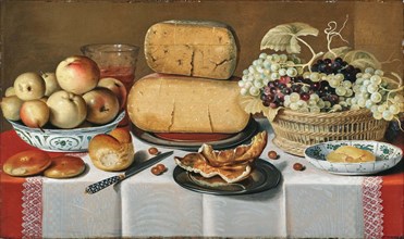 Cheeses on a pewter plate, grapes in a basket, apples in a porcelain Chinese bowl, bread rolls.... Creator: Koets; Roelof; the Elder (1592-1654).