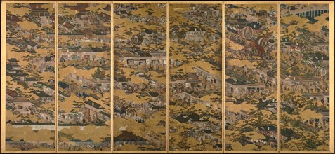 Scenes in and around Kyoto, One of a pair of six-section folding screens, c1615. Creator: Matabe (Matabei); Iwasa (1578-1650).