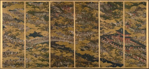 Scenes in and around Kyoto, One of a pair of six-section folding screens, c1615. Creator: Matabe (Matabei); Iwasa (1578-1650).